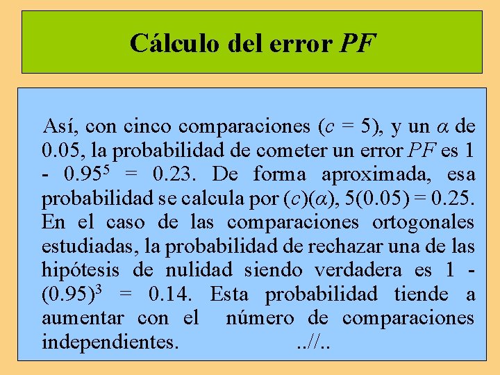 Cálculo del error PF Así, con cinco comparaciones (c = 5), y un α Cálculo del error PF Así, con cinco comparaciones (c = 5), y un α