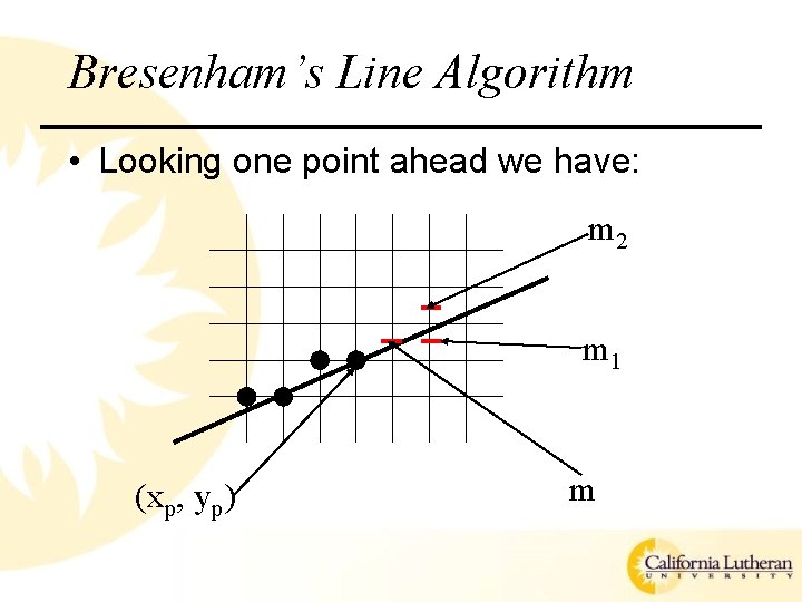 Bresenham’s Line Algorithm • Looking one point ahead we have: m 2 m 1