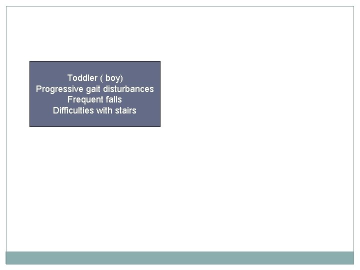 Toddler ( boy) Progressive gait disturbances Frequent falls Difficulties with stairs Toddler ( boy) Progressive gait disturbances Frequent falls Difficulties with stairs