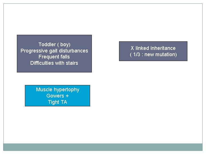 Toddler ( boy) Progressive gait disturbances Frequent falls Difficulties with stairs Muscle hypertophy Gowers Toddler ( boy) Progressive gait disturbances Frequent falls Difficulties with stairs Muscle hypertophy Gowers