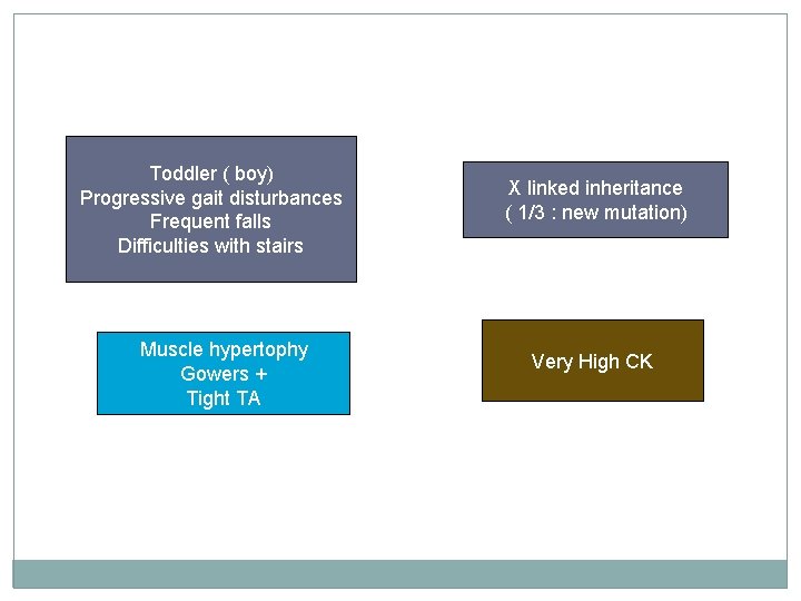 Toddler ( boy) Progressive gait disturbances Frequent falls Difficulties with stairs Muscle hypertophy Gowers Toddler ( boy) Progressive gait disturbances Frequent falls Difficulties with stairs Muscle hypertophy Gowers