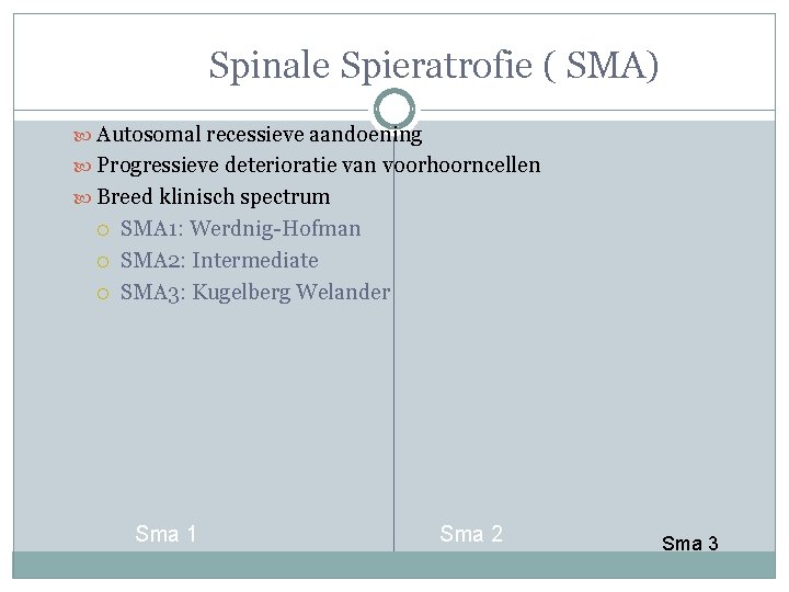 Spinale Spieratrofie ( SMA) Autosomal recessieve aandoening Progressieve deterioratie van voorhoorncellen Breed klinisch spectrum Spinale Spieratrofie ( SMA) Autosomal recessieve aandoening Progressieve deterioratie van voorhoorncellen Breed klinisch spectrum