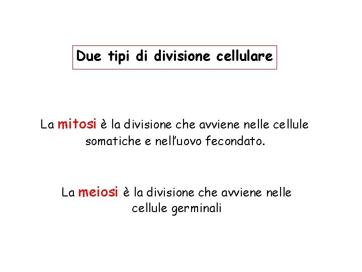Due tipi di divisione cellulare La mitosi è la divisione che avviene nelle cellule