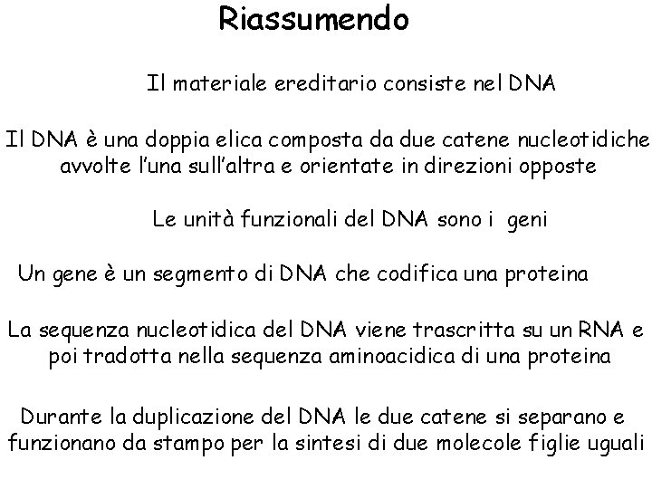 Riassumendo Il materiale ereditario consiste nel DNA Il DNA è una doppia elica composta