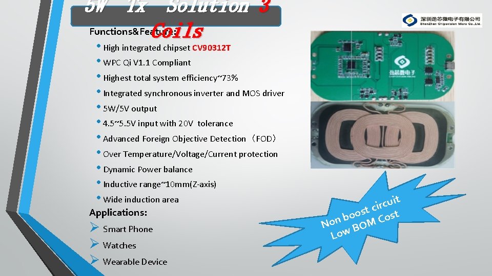 5 W Tx Solution 3 Functions&Feature: Coils • High integrated chipset CV 90312 T