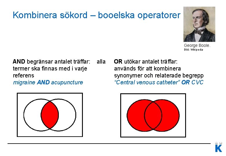 Kombinera sökord – booelska operatorer George Boole. Bild: Wikipedia AND begränsar antalet träffar: alla