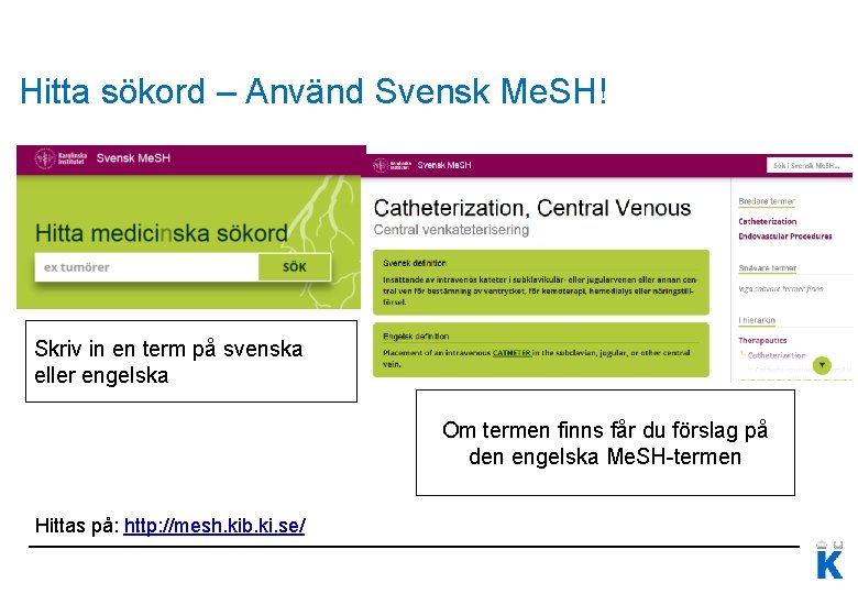 Hitta sökord – Använd Svensk Me. SH! Skriv in en term på svenska eller