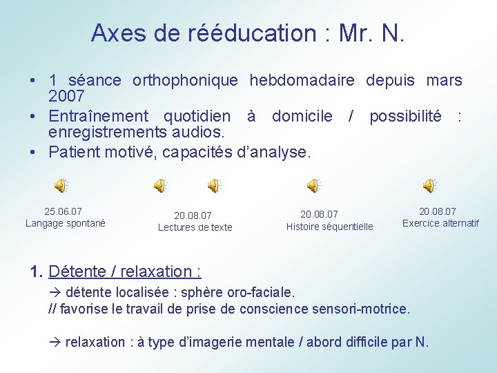 Axes de rééducation : Mr. N. • 1 séance orthophonique hebdomadaire depuis mars 2007