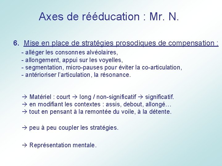 Axes de rééducation : Mr. N. 6. Mise en place de stratégies prosodiques de