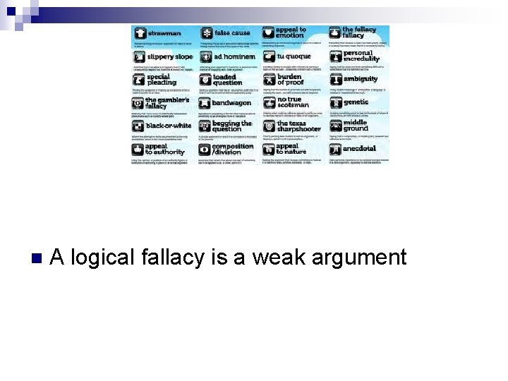 n A logical fallacy is a weak argument 