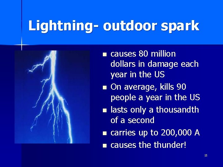 Lightning- outdoor spark n n n causes 80 million dollars in damage each year Lightning- outdoor spark n n n causes 80 million dollars in damage each year