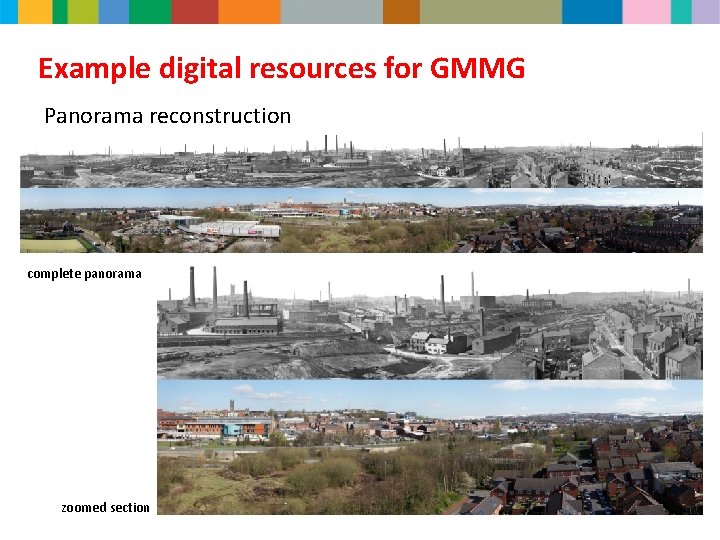 Example digital resources for GMMG Panorama reconstruction complete panorama zoomed section 