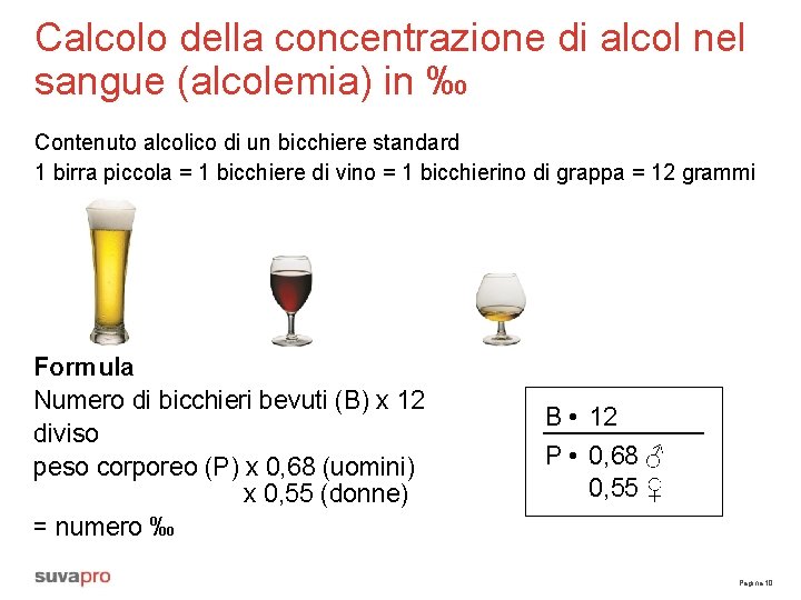 Calcolo della concentrazione di alcol nel sangue (alcolemia) in ‰ Contenuto alcolico di un