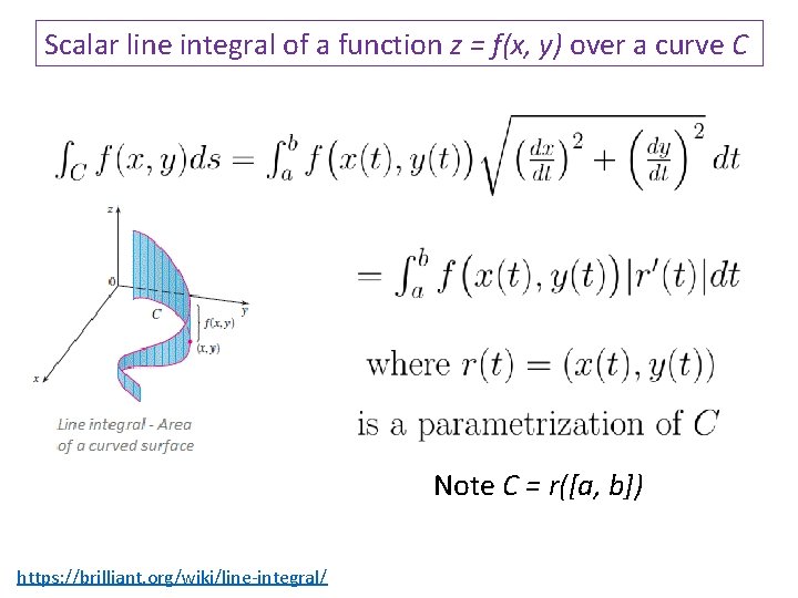 Scalar line integral of a function z = f(x, y) over a curve C Scalar line integral of a function z = f(x, y) over a curve C