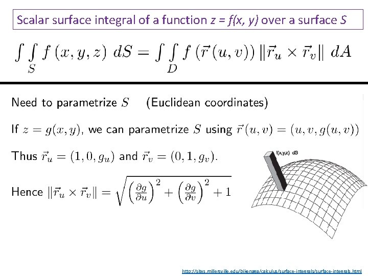 Scalar surface integral of a function z = f(x, y) over a surface S Scalar surface integral of a function z = f(x, y) over a surface S