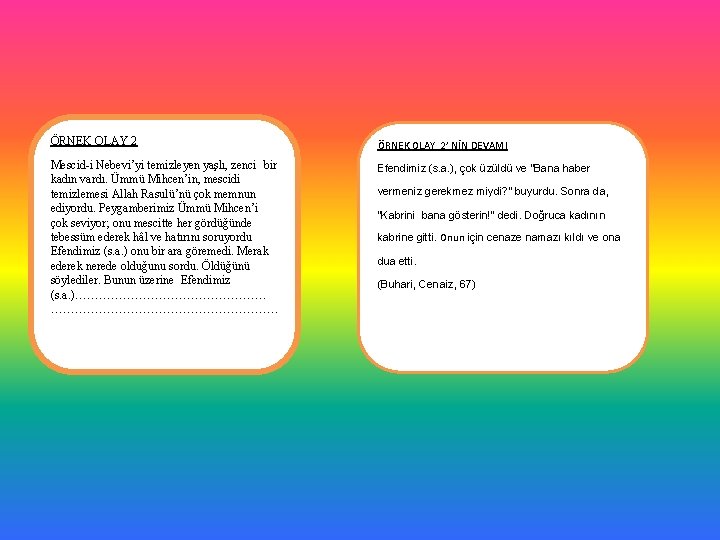 ÖRNEK OLAY 2’ NİN DEVAMI Mescid-i Nebevi’yi temizleyen yaşlı, zenci bir kadın vardı. Ümmü