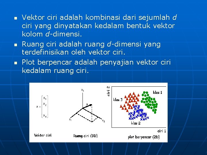 n n n Vektor ciri adalah kombinasi dari sejumlah d ciri yang dinyatakan kedalam