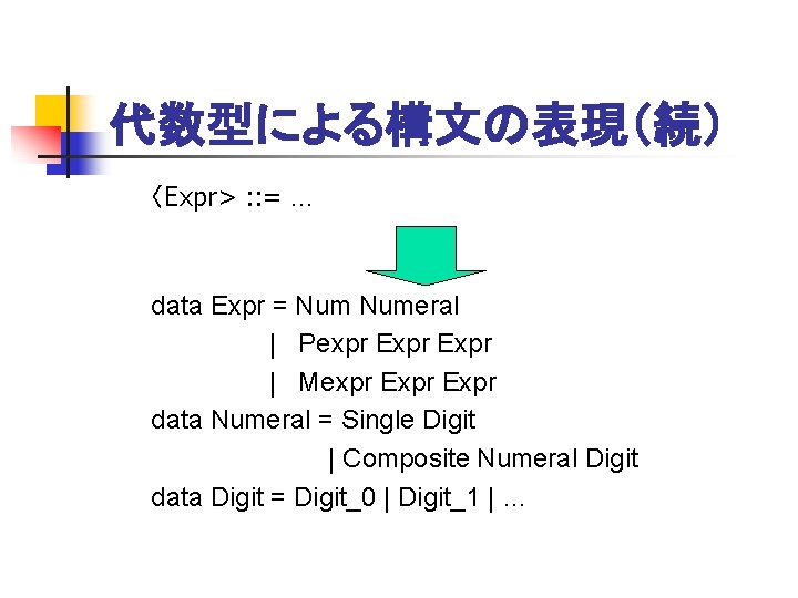 代数型による構文の表現（続） 〈Expr> : : = … data Expr = Numeral | Pexpr Expr |