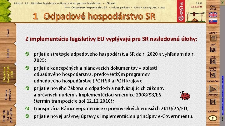 Modul 2. 1: Národná legislatíva – Slovenská odpadová legislatíva – Obsah Odpadové hospodárstvo SR