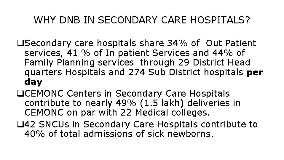 WHY DNB IN SECONDARY CARE HOSPITALS? q. Secondary care hospitals share 34% of Out