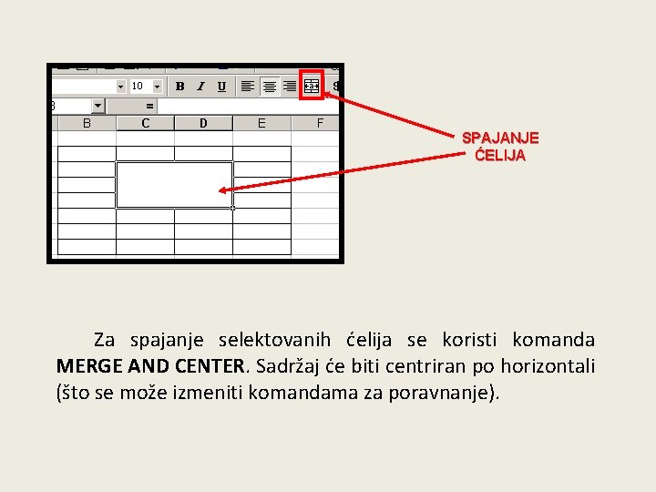 SPAJANJE ĆELIJA Za spajanje selektovanih ćelija se koristi komanda MERGE AND CENTER. Sadržaj će
