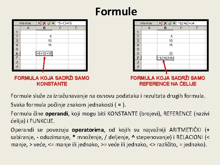 Formule FORMULA KOJA SADRŽI SAMO KONSTANTE FORMULA KOJA SADRŽI SAMO REFERENCE NA ĆELIJE Formule