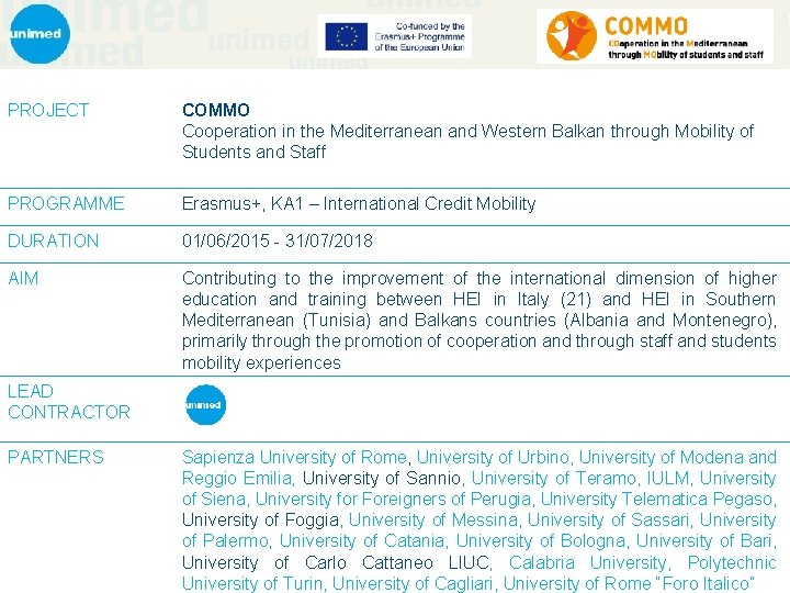 PROJECT COMMO Cooperation in the Mediterranean and Western Balkan through Mobility of Students and