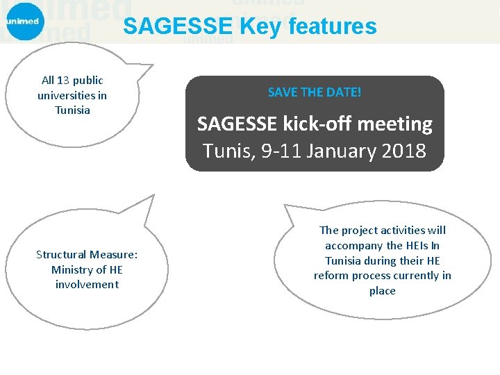 SAGESSE Key features All 13 public universities in Tunisia Structural Measure: Ministry of HE