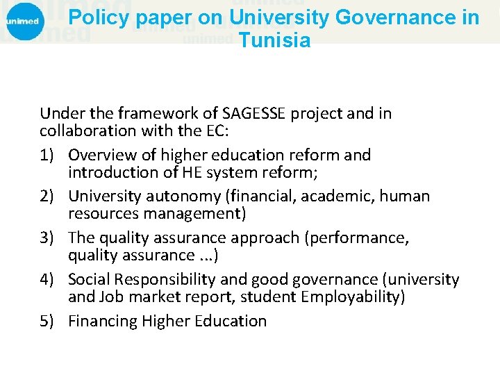 Policy paper on University Governance in Tunisia Under the framework of SAGESSE project and