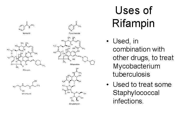 Uses of Rifampin • Used, in combination with other drugs, to treat Mycobacterium tuberculosis Uses of Rifampin • Used, in combination with other drugs, to treat Mycobacterium tuberculosis