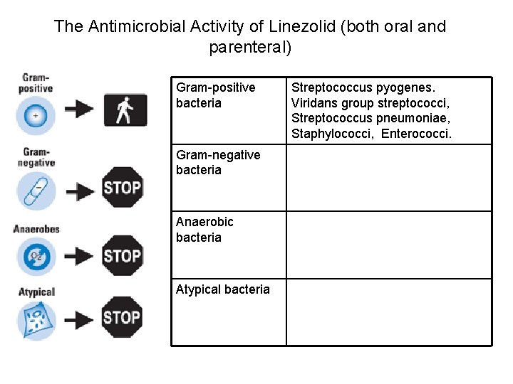The Antimicrobial Activity of Linezolid (both oral and parenteral) Gram-positive bacteria Gram-negative bacteria Anaerobic The Antimicrobial Activity of Linezolid (both oral and parenteral) Gram-positive bacteria Gram-negative bacteria Anaerobic