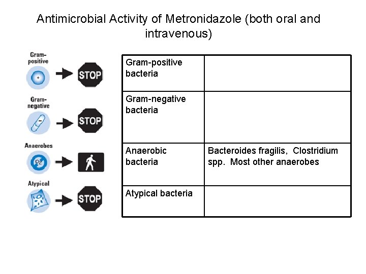 Antimicrobial Activity of Metronidazole (both oral and intravenous) Gram-positive bacteria Gram-negative bacteria Anaerobic bacteria Antimicrobial Activity of Metronidazole (both oral and intravenous) Gram-positive bacteria Gram-negative bacteria Anaerobic bacteria