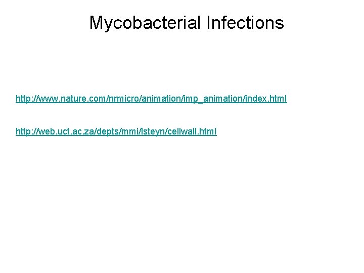 Mycobacterial Infections http: //www. nature. com/nrmicro/animation/imp_animation/index. html http: //web. uct. ac. za/depts/mmi/lsteyn/cellwall. html Mycobacterial Infections http: //www. nature. com/nrmicro/animation/imp_animation/index. html http: //web. uct. ac. za/depts/mmi/lsteyn/cellwall. html
