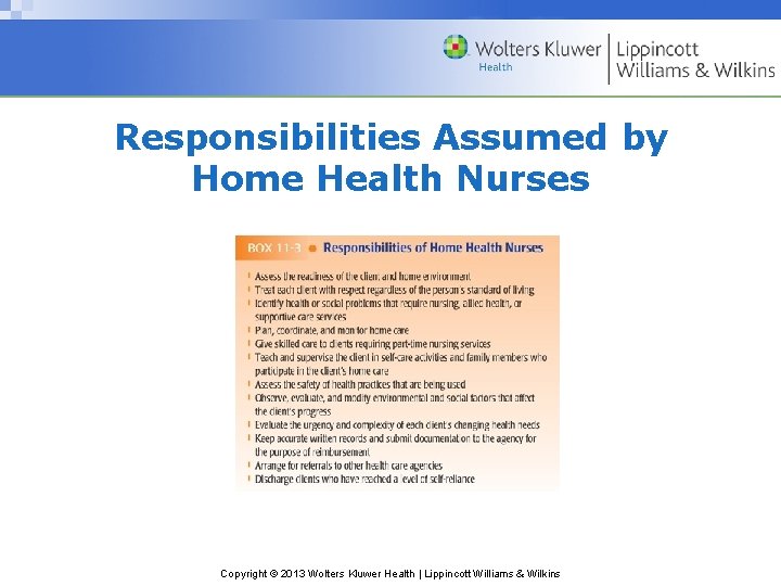 Responsibilities Assumed by Home Health Nurses Copyright © 2013 Wolters Kluwer Health | Lippincott