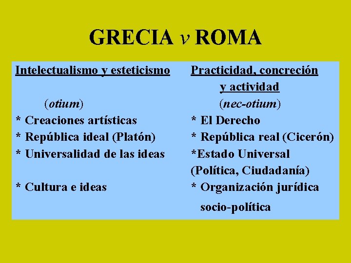 GRECIA v ROMA Intelectualismo y esteticismo (otium) * Creaciones artísticas * República ideal (Platón)