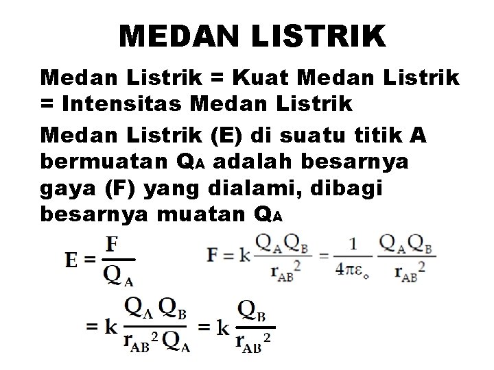 MEDAN LISTRIK Medan Listrik = Kuat Medan Listrik = Intensitas Medan Listrik (E) di