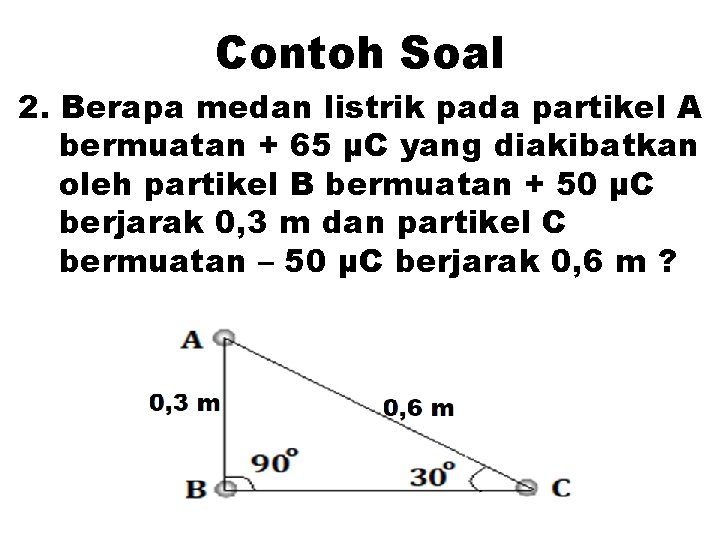 Contoh Soal 2. Berapa medan listrik pada partikel A bermuatan + 65 µC yang