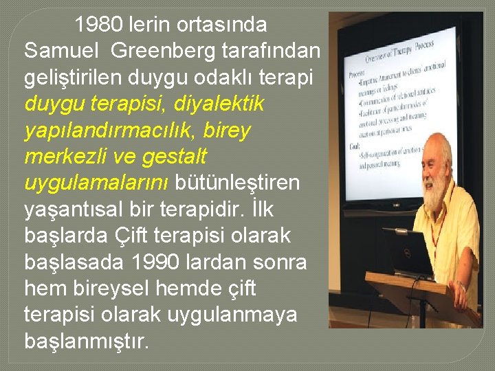 1980 lerin ortasında Samuel Greenberg tarafından geliştirilen duygu odaklı terapi duygu terapisi, diyalektik yapılandırmacılık,