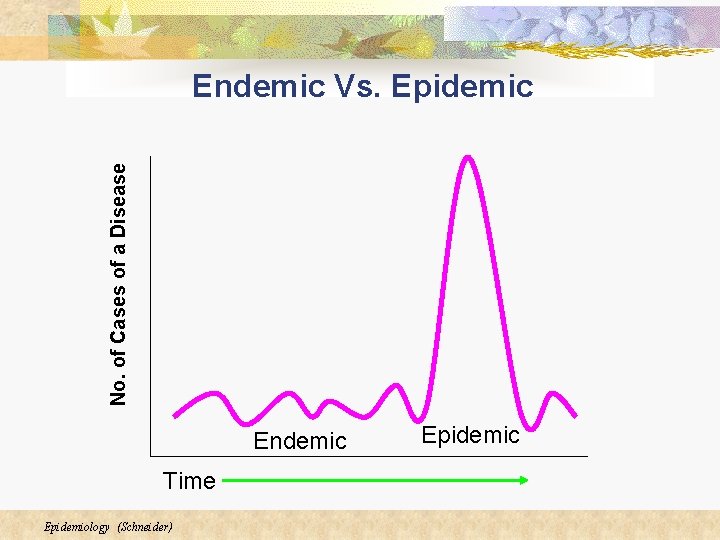 No. of Cases of a Disease Endemic Vs. Epidemic Endemic Time Epidemiology (Schneider) Epidemic No. of Cases of a Disease Endemic Vs. Epidemic Endemic Time Epidemiology (Schneider) Epidemic
