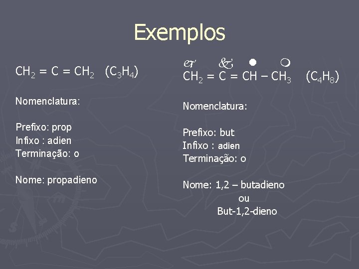 Exemplos CH 2 = CH 2 (C 3 H 4) CH 2 = CH