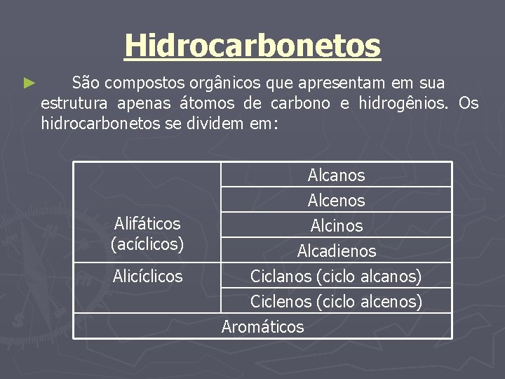 Hidrocarbonetos ► São compostos orgânicos que apresentam em sua estrutura apenas átomos de carbono