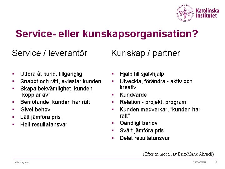 Service- eller kunskapsorganisation? Service / leverantör Kunskap / partner § § § § §