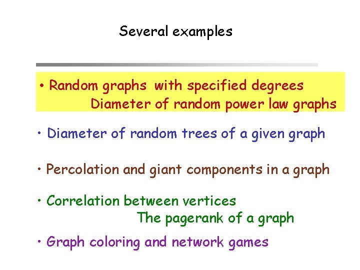 Several examples • Random graphs with specified degrees Diameter of random power law graphs