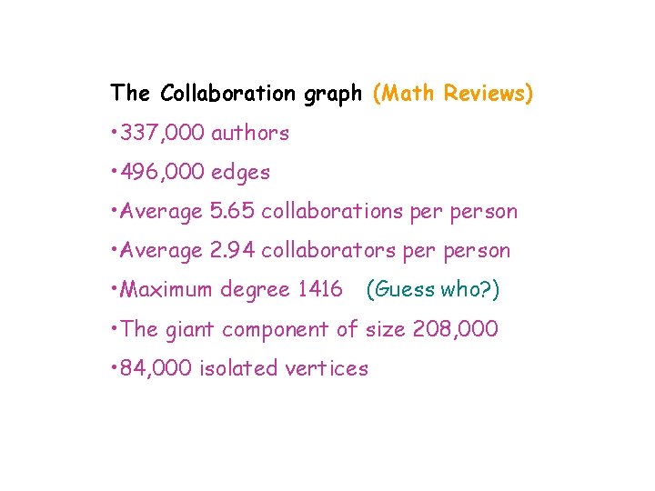 The Collaboration graph (Math Reviews) • 337, 000 authors • 496, 000 edges •