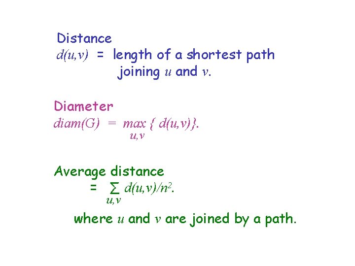 Distance d(u, v) = length of a shortest path joining u and v. Diameter