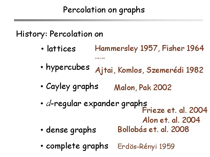 Percolation on graphs History: Percolation on • lattices Hammersley 1957, Fisher 1964 …… •