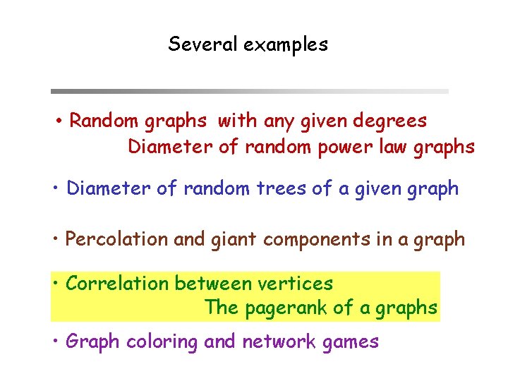 Several examples • Random graphs with any given degrees Diameter of random power law