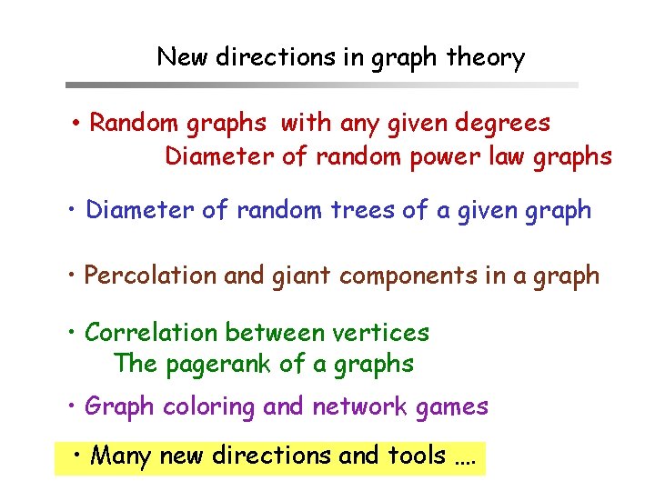 New directions in graph theory • Random graphs with any given degrees Diameter of