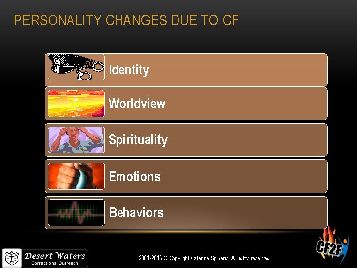 PERSONALITY CHANGES DUE TO CF Identity Worldview Spirituality Emotions Behaviors 2001 -2016 © Copyright