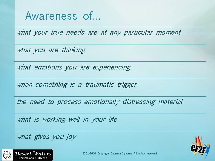 Awareness of… what your true needs are at any particular moment what you are